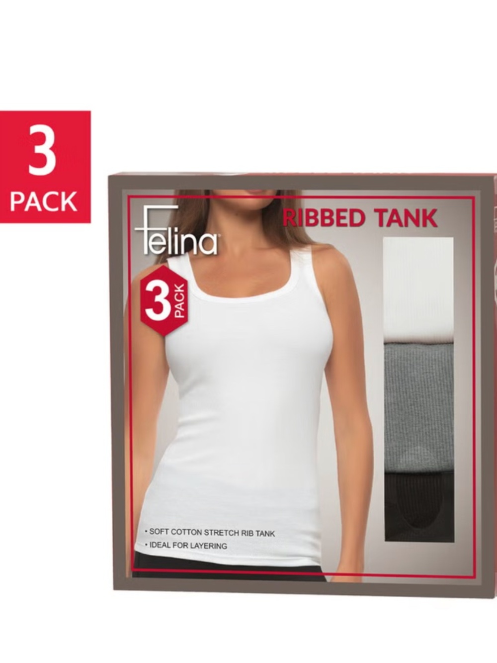 Felina Womens Multi 3 Pack Ribbed Tank White Black Gray Small